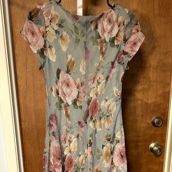 VTG All That Jazz Muted Green with Roses Print on Chiffon Long Dress SZ 5/6 - Picture 1 of 3